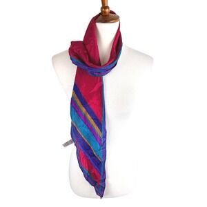 Liz Claiborne Vintage 100% Silk Scarf Japan Pink Teal Striped Oblong * FLAWS *